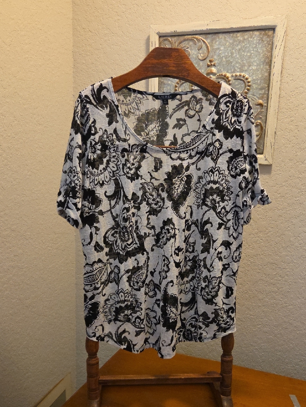 Ralph Lauren Black and White Floral Linen Short Sleeve Tee Size 2X